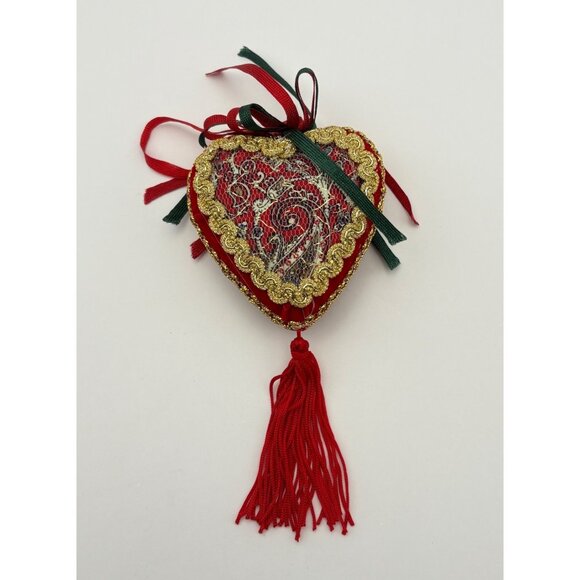 Vintage Heart Shaped Christmas Tree Ornament Victorian Style Tassel Red Gold - Picture 6 of 6